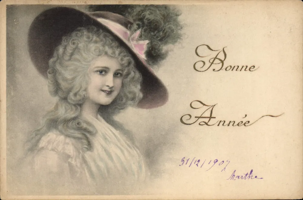 Junge Frau mit Hut — Frohe Neujahr 1907 — M. M. Vienne, Nr. 112 - Vorderseite