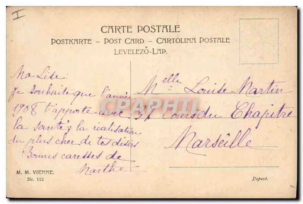 Junge Frau mit Hut — Frohe Neujahr 1907 — M. M. Vienne, Nr. 112 - Rückseite