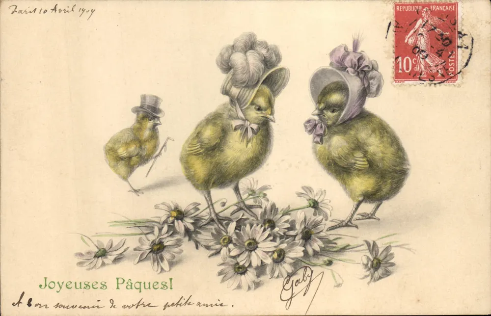 Drei Küken mit Hüten — Frohe Ostern! — M. M. Vienne, Defosse - Vorderseite