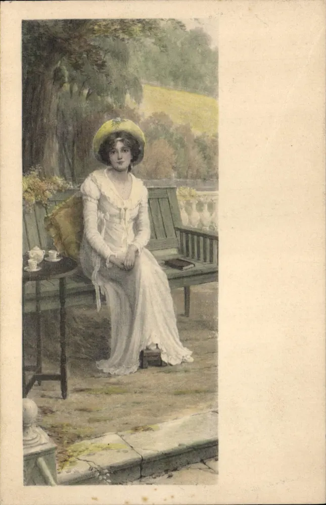 Junge Frau in weißem Kleid und gelber Mütze — Garten — Verlag M.M. Vienne, Nr. 154 - Vorderseite
