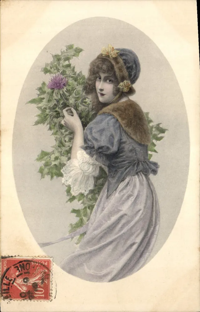 Junge Frau in blauer Robe mit einem Strauß von Disteln — Verlag M. M. MUNK, Nr. 530 - Vorderseite