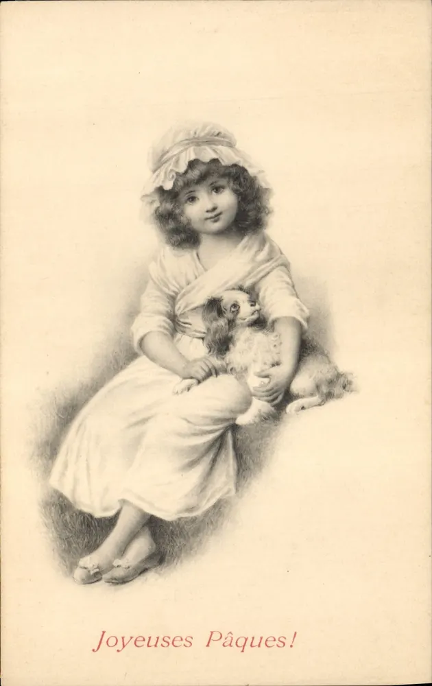 Mädchen mit Hund — Frohe Ostern! — M. M. Vienne, Nr. 217 - Vorderseite