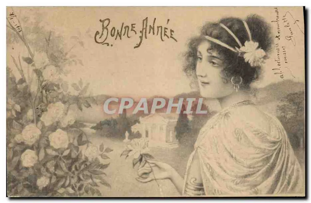 Frau in drapiertem Kleid mit Rose — Frohe Neujahr — anonymer Verlag - Vorderseite