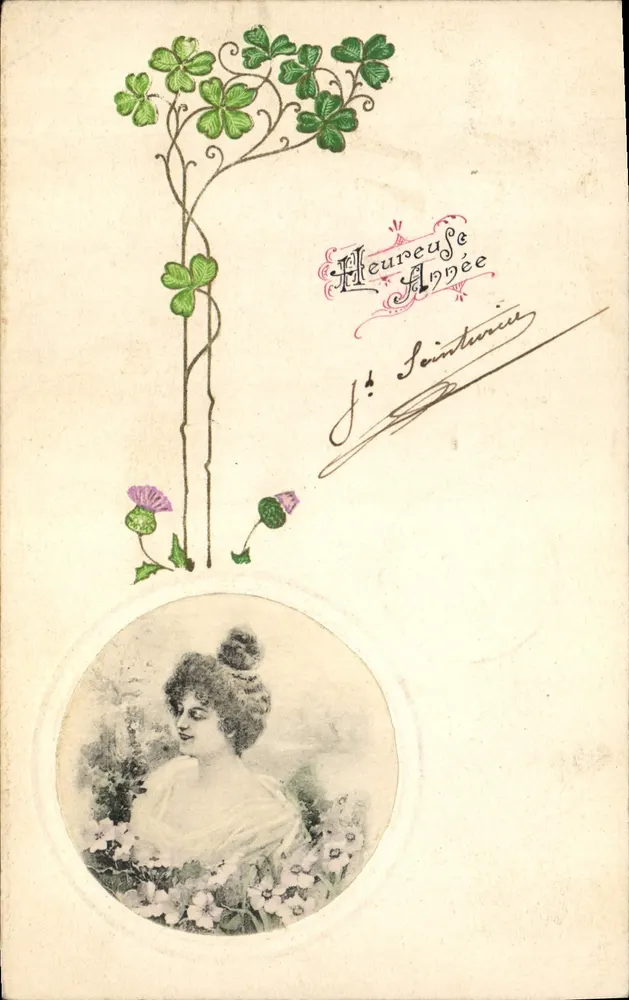 Frau in einem Blumenrahmen — 'Glückliches Jahr' — J. Sainturice - Vorderseite