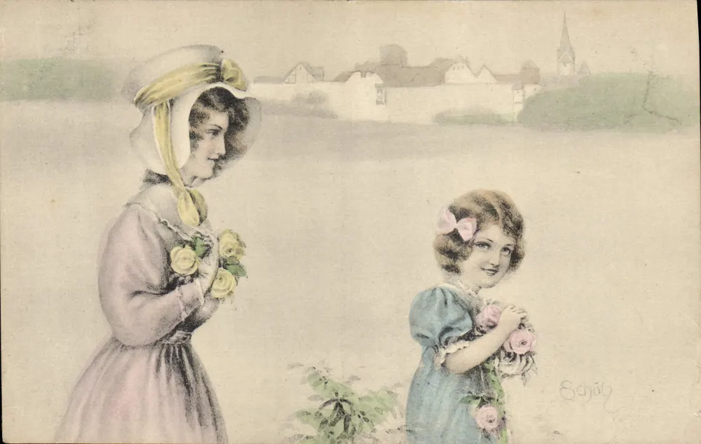 Zwei junge Mädchen mit Rosen — Verlag Schöll — Nr. III - Vorderseite