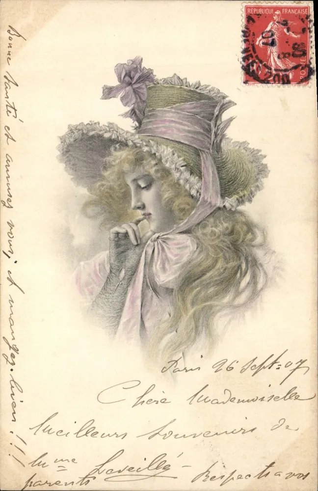 Junge Frau mit Blumenhut — Illustration — M. M. Vienne, Nr. 100 - Vorderseite