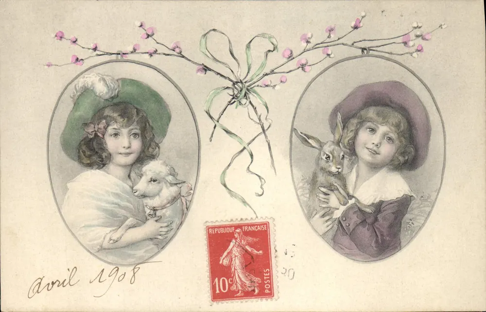 Zwei Kinder mit einem Lamm und einem Kaninchen — Verlag Renardt, Serie 615 - Vorderseite
