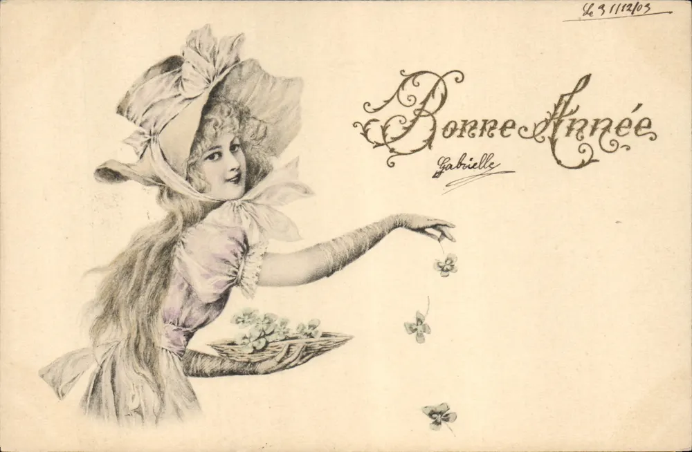Junge Frau mit Blumenhut - Frohe Weihnachten Gabrielle - Verlag nicht sichtbar - Vorderseite