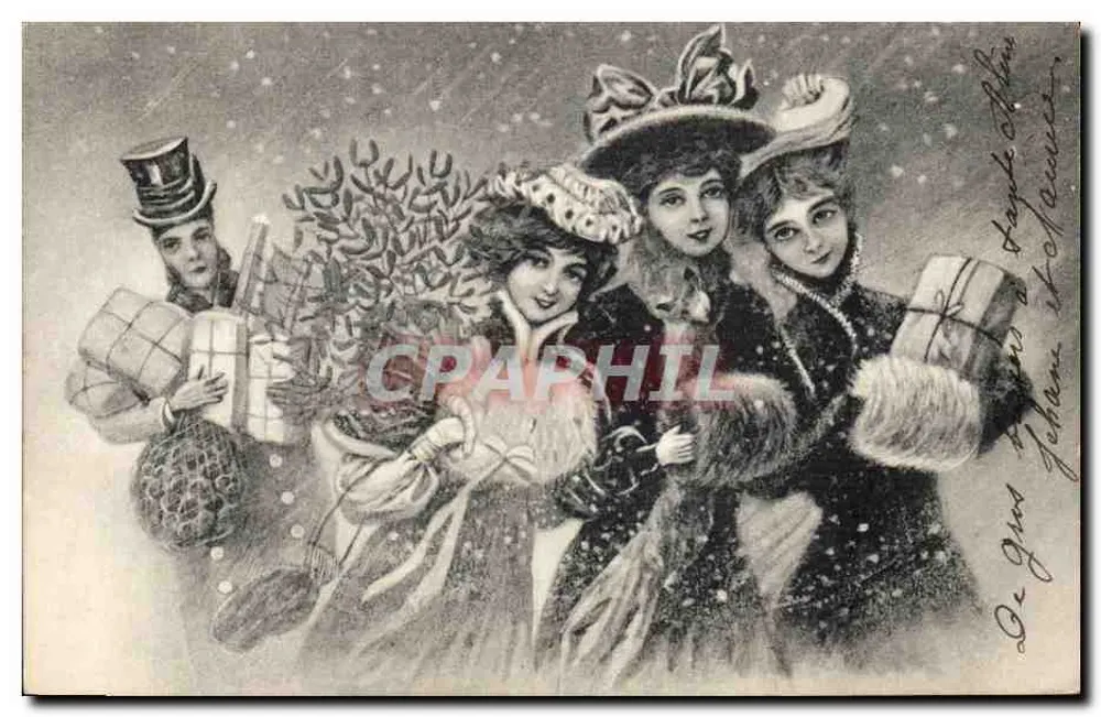 Weihnachtsfeier — drei junge Frauen und ein Mann in Weihnachtskostümen — Verlag nicht sichtbar - Vorderseite