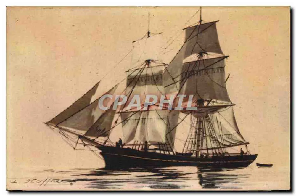 Navio brick — tipo de navio com dois mastros e velas quadradas — Coleção da Liga Marítima e Colonial - Frente