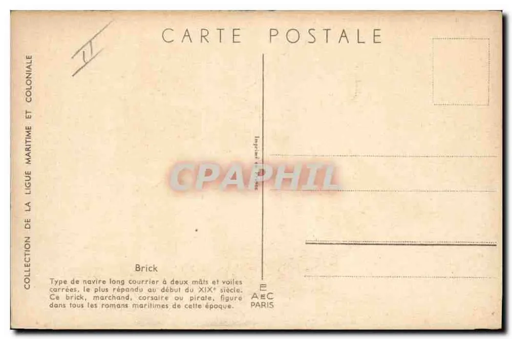 Navio brick — tipo de navio com dois mastros e velas quadradas — Coleção da Liga Marítima e Colonial - Verso