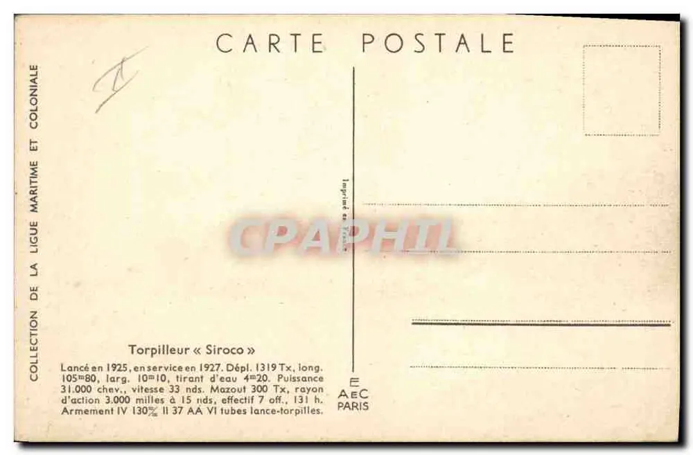 Torpedoboot « Siroco » — Sammlung der Seefahrt- und Kolonialliga — I. Kauffner - Rückseite
