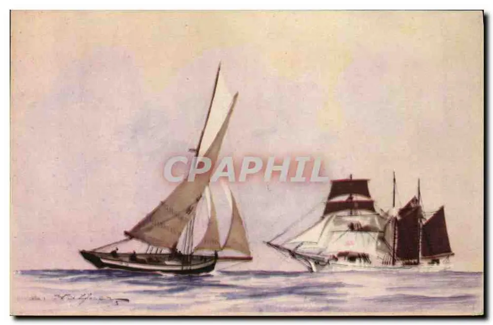 Pilot und Drei-Mast-Schooner — Ankunft in der Nähe des Ufers, das Schiff vollendet seine Navigation zum Hafen unter der Leitung des Piloten, der ihn an Bord seines Cutters abholt — Ligue Maritime et Coloniale, Paris - Vorderseite
