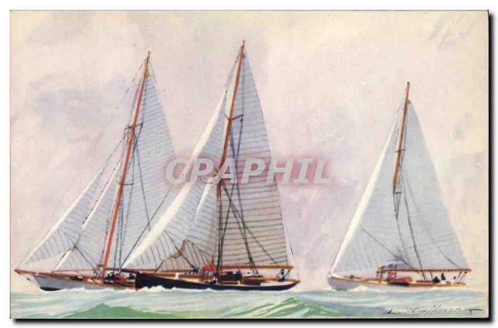 Yachts de Courses — Cruzeiros modernos navegando ao mais perto, com vela de bordo — Coleção da Liga Marítima e Colonial, Impressora AEC, Paris - Frente