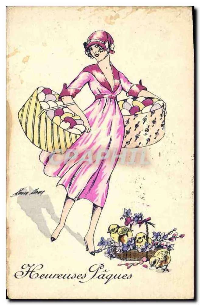 Frau in einem rosa Kleid, die zwei Eierkörbe hält — Zeichnung von Emma Drey — Serie Nr. 39, Die Eierverkäuferin - Vorderseite