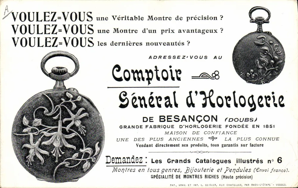 Uhren und Schmuck — General Uhrenhandlung Besançon — Gravur und Druck L. Geisler, Aux Chatelles - Vorderseite