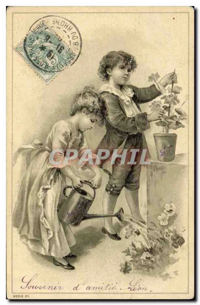 두 아이가 식물에 물을 주는 모습 — 친구의 추억. 레옹. 시리즈 31. - 앞면