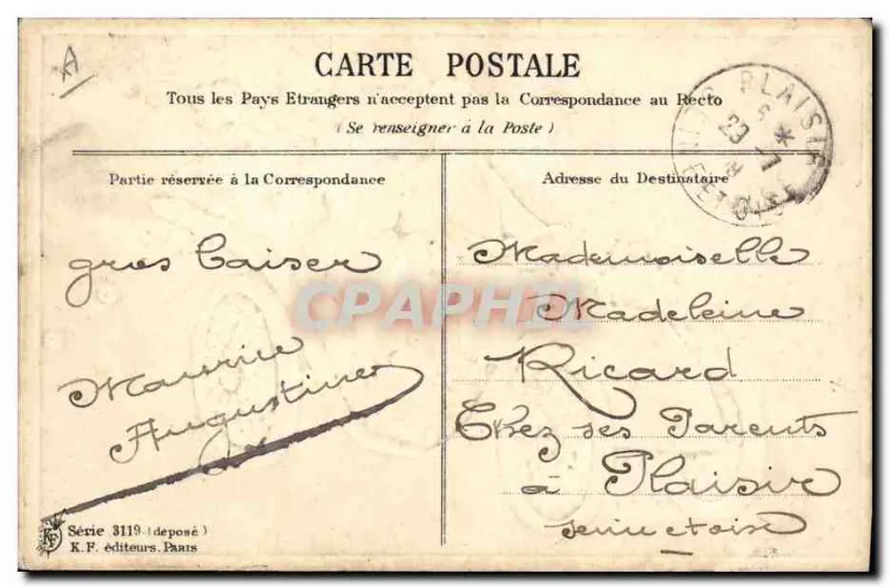 Junges Paar in einem mit Blumen dekorierten Auto — K.F. Verleger, Paris, Serie 3119 - Rückseite
