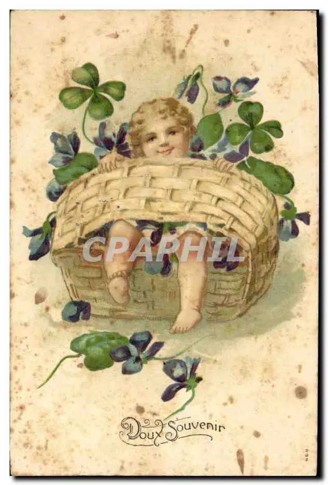 Enfant dans un panier — entouré de violettes et de trèfles — Doux Souvenir, n° 429 - Vorderseite