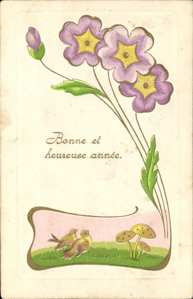 Flores e pássaros — Boa e feliz ano — Carta postal - Frente