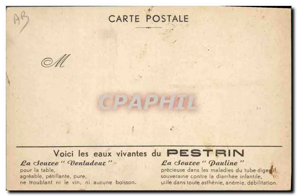 Águas minerais PESTRIN — Fonte Ventadour e Fonte Pauline — Publicidade Onkel Marisella - Verso