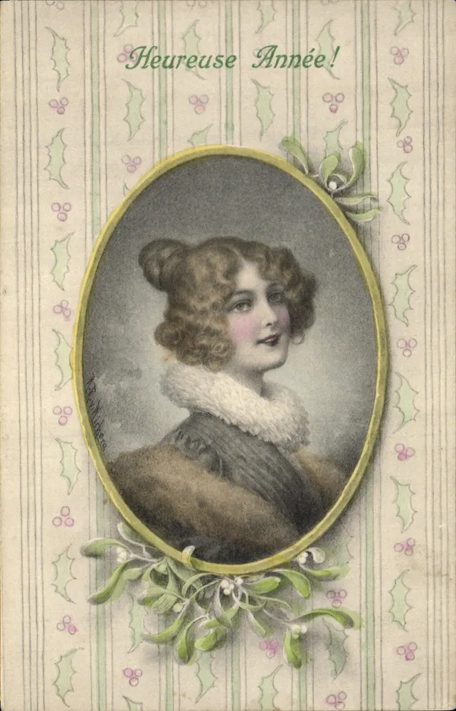 Junge Frau in Pelz — Frohe Neujahr! — M. M. VIERNE, Nr. 229 - Vorderseite