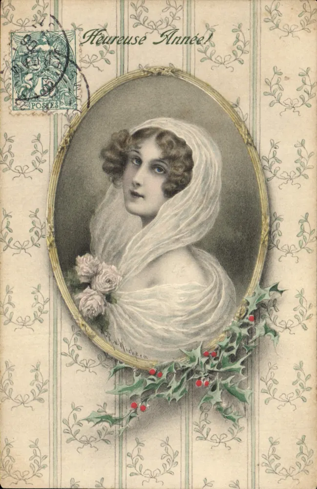Verhüllte junge Frau — Portrait in ovalem Rahmen mit Efeu — Verlag M. M. VIENNE, n° 229 - Vorderseite