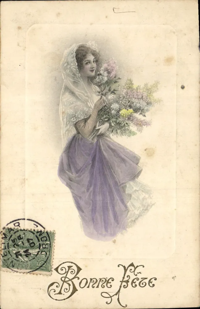 Frau in einem violetten Kleid mit Blumenstrauß — Frohe Geburtstagskarte — M. M. Vienne, Nr. 276 - Vorderseite