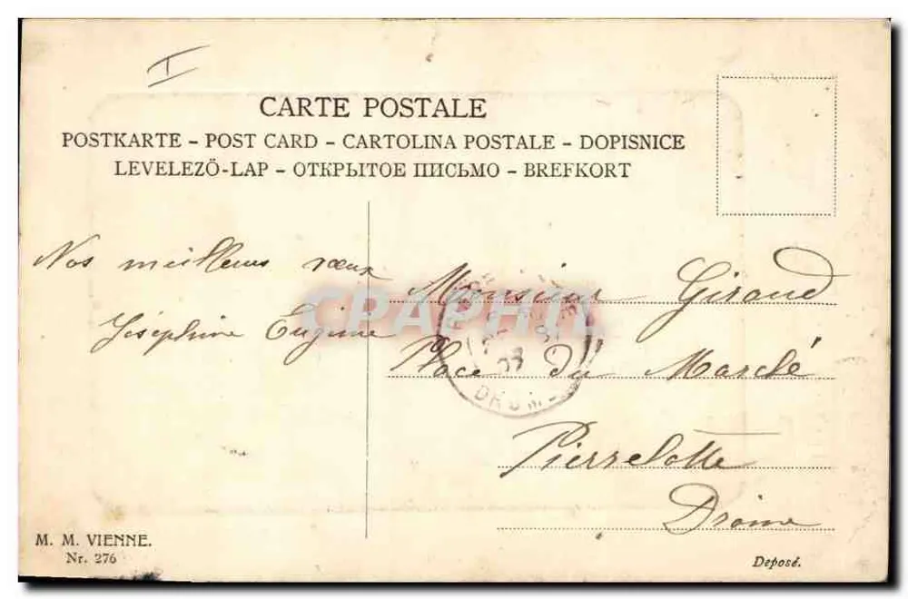 Frau in einem violetten Kleid mit Blumenstrauß — Frohe Geburtstagskarte — M. M. Vienne, Nr. 276 - Rückseite