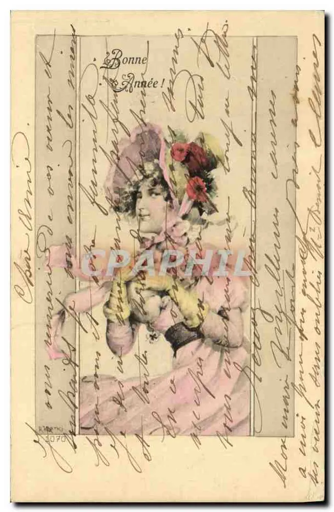 Frau in rosa Robe und blühendem Hut — Guten Jahresbeginn! — Verlag A. MATHO, n° 2070 - Vorderseite