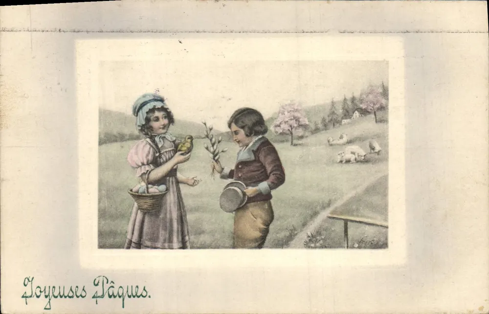 Kinder tauschen ein Küken und einen Kirschzweig — Frohe Ostern — V. K., Wien 4037 - Vorderseite