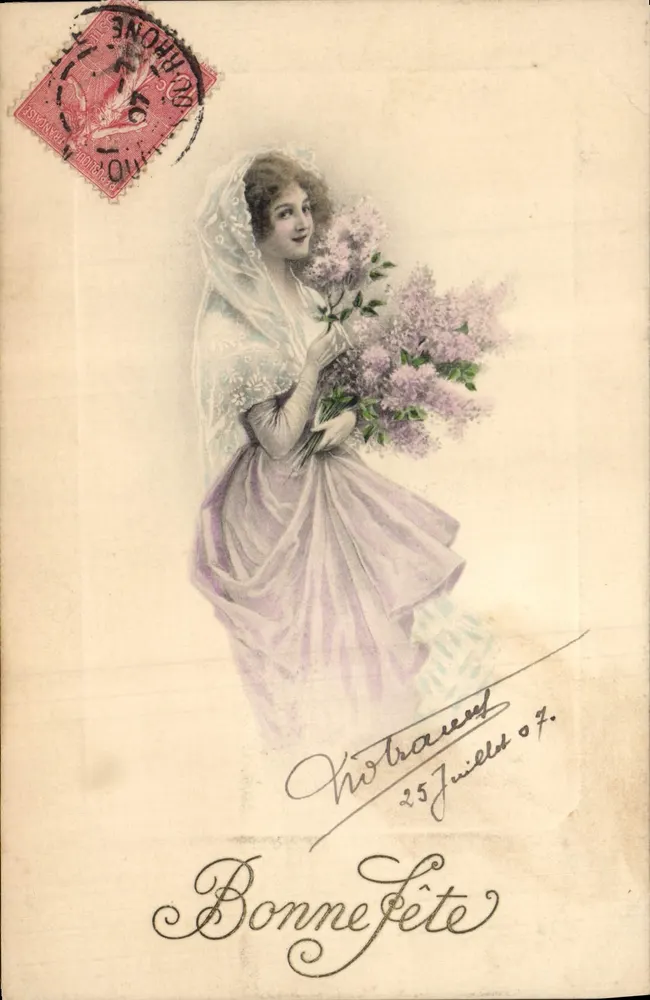 Frau in einem Lilienkleid mit einem Lilienstrauß in der Hand — Frohe Geburtstagskarte — M. M. Vienne, Nr. 276 - Vorderseite