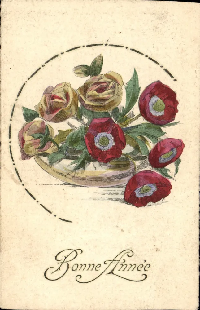 Bouquet van rozen en papavers — Goed jaar — ansichtkaart - Voorkant