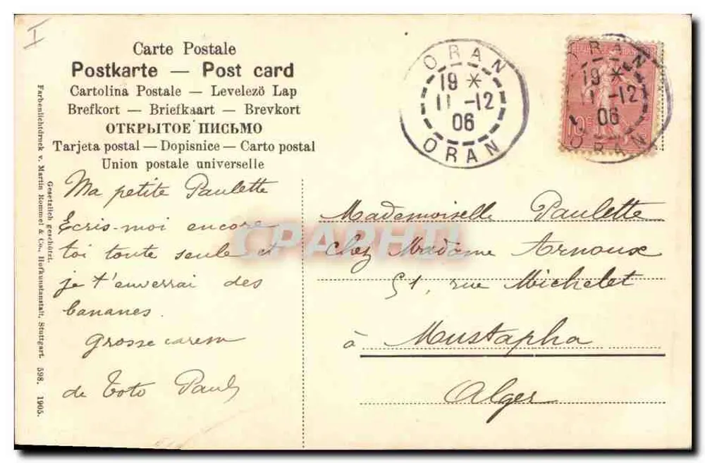 Bouquet kwiatów — mleczki, geranium i dzwonki — wydawca Frédéric Frédéric & Cie, Stuttgart, nr 398 - Rewers