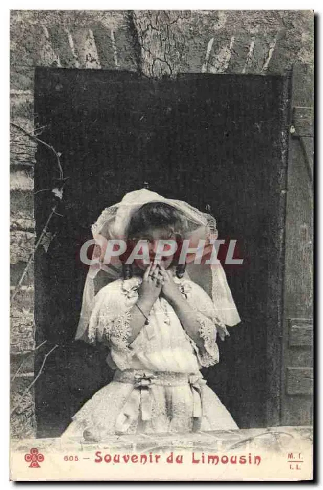 Menina em vestido e véu de noiva — Lembrete do Limousin — M. T. L. n° 605 - Frente