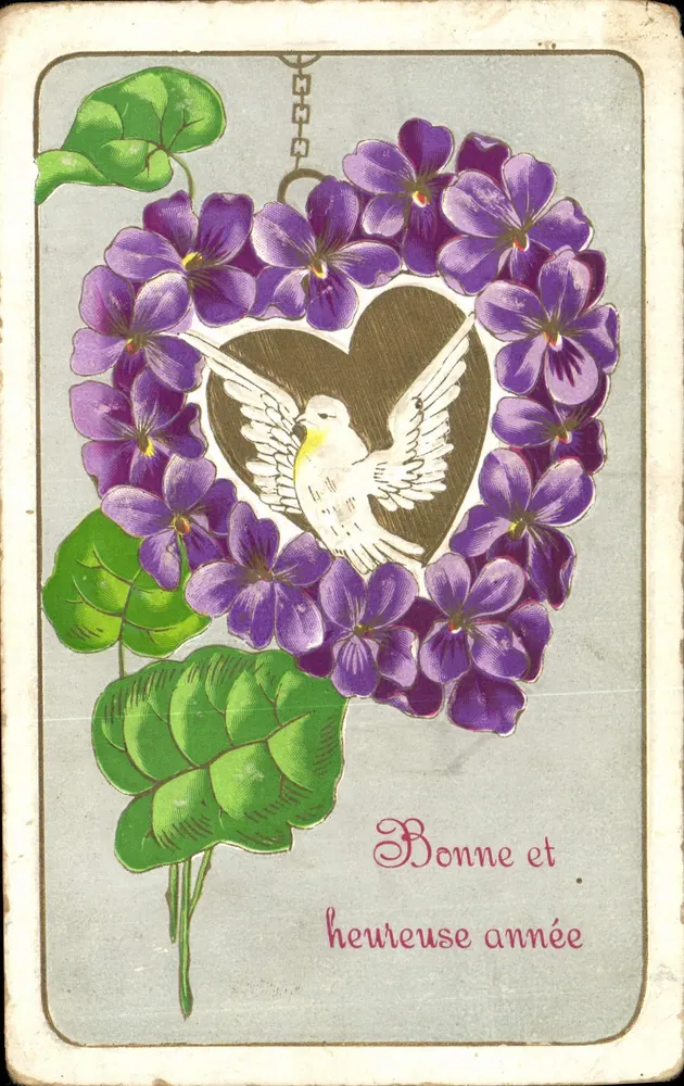 Weißer Vogel in einem Violett Herz — Frohes Neues Jahr — Ansichtskarte - Vorderseite