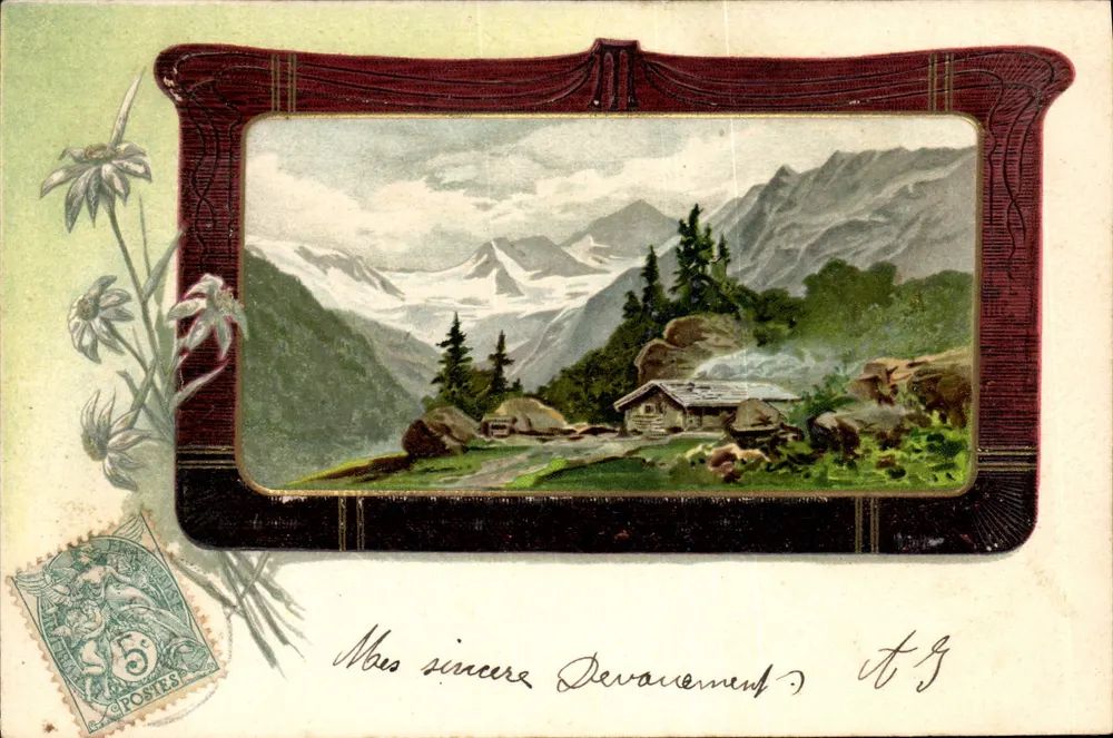 Paisagem alpina — chalé e glaciares — editor E.S.W. - Frente