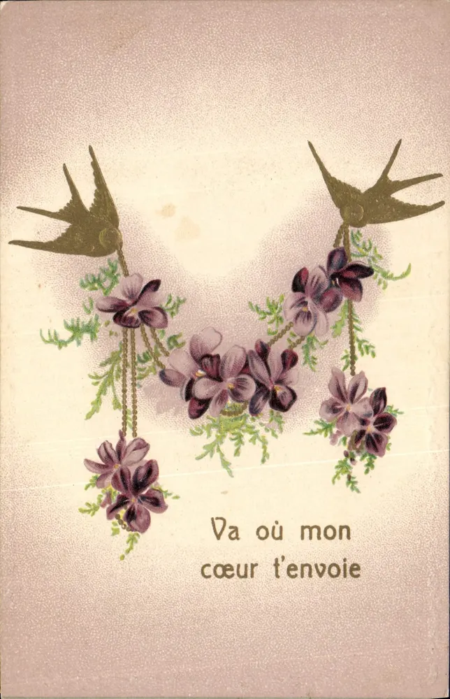 Carta postal decorativa — pássaros e flores — texto 'Va où mon cœur t'envoie' — editor não visível - Frente