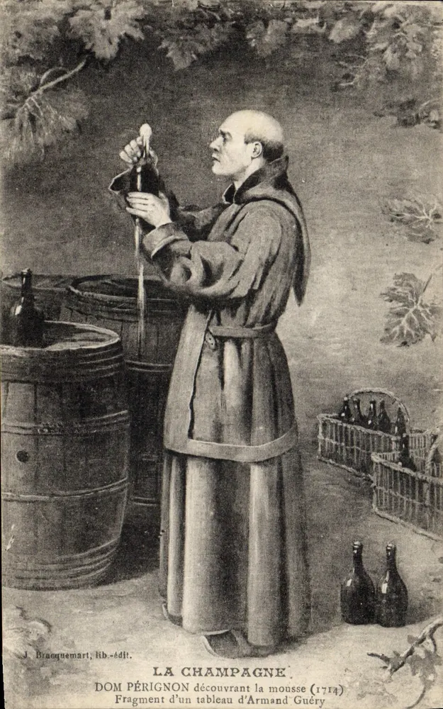 Dom Pérignon entdeckt die Schaumbläschen — Fragment eines Gemäldes von Armand Guéry — J. Braquemart, Verleger - Vorderseite