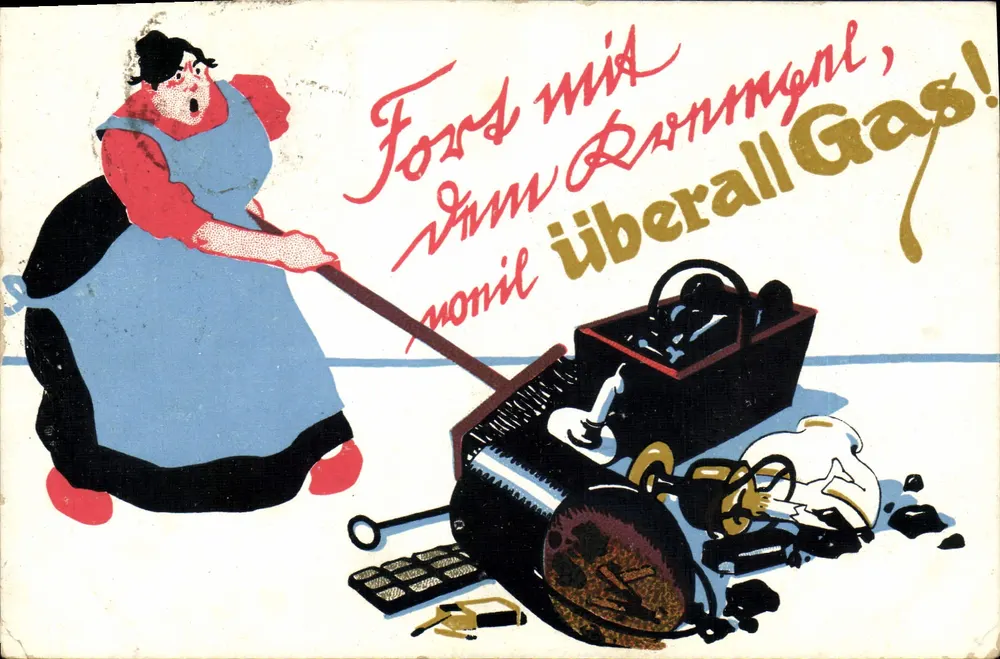 Mulher empurrando uma máquina a vapor — cartaz de propaganda — editor e número de série ilegíveis - Frente
