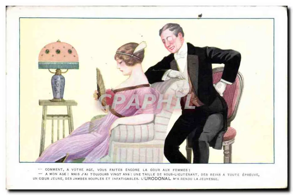 Homem e mulher em traje de festa — publicidade para o Urodonal — editor não visível - Frente