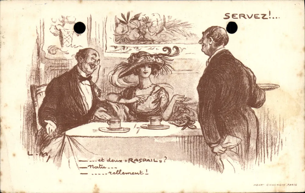 Scène de café — caricature d'un serveur interpellant un couple — éditeur HEHR CHACHOIN, PARIS - Frente