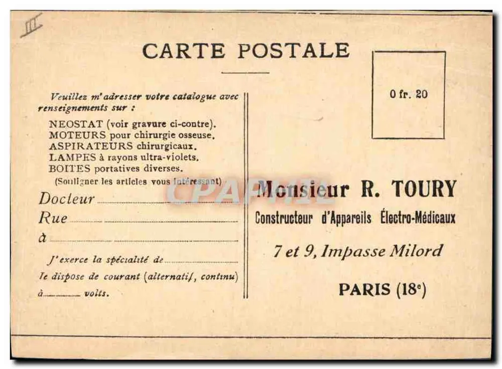 Universeller elektromedizinischer Apparat — Le Neostat — Verlag Herr R. Toury, Paris - Rückseite