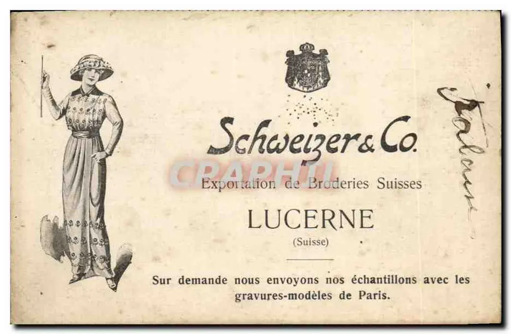 Frau in einem gestickten Kleid — Werbung — Schweizer & Co. Luzern (Schweiz) - Vorderseite