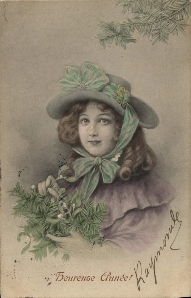 Frau mit grünem Schleierhut — Jahresendkarte — M. M. VIFNE, Nr. 202 - Vorderseite