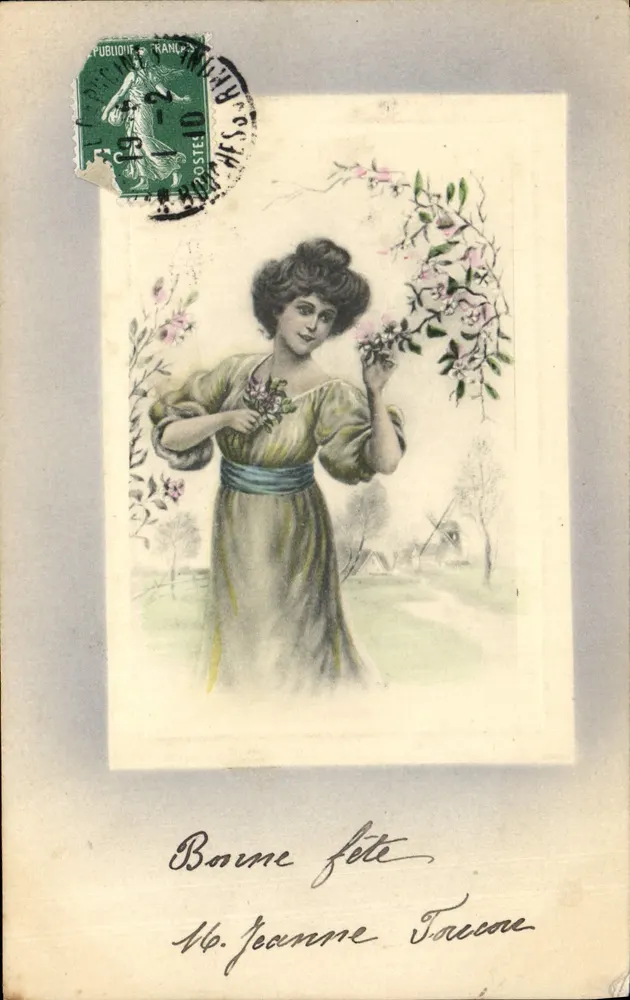 Frau in Kleid mit Mustern — Blumen und Landschaft — Verlag Jeanne Fête, n° 4038 - Vorderseite