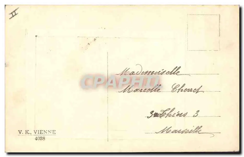 Frau in Kleid mit Mustern — Blumen und Landschaft — Verlag Jeanne Fête, n° 4038 - Rückseite