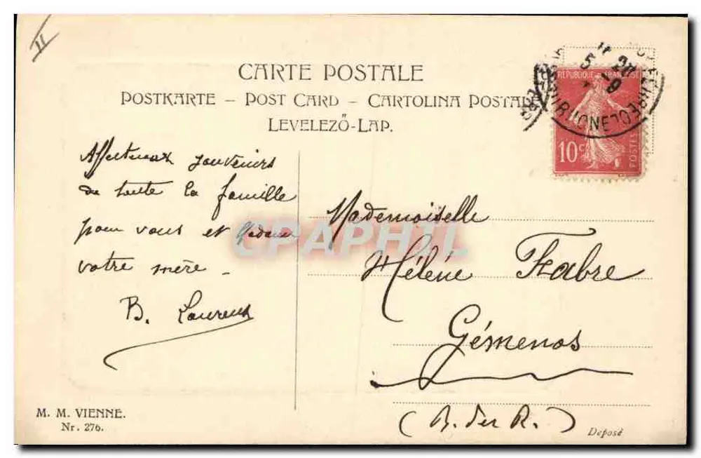 Frau in grüner Robe und blühendem Hut — M. M. VIENNE, Nr. 276 - Rückseite