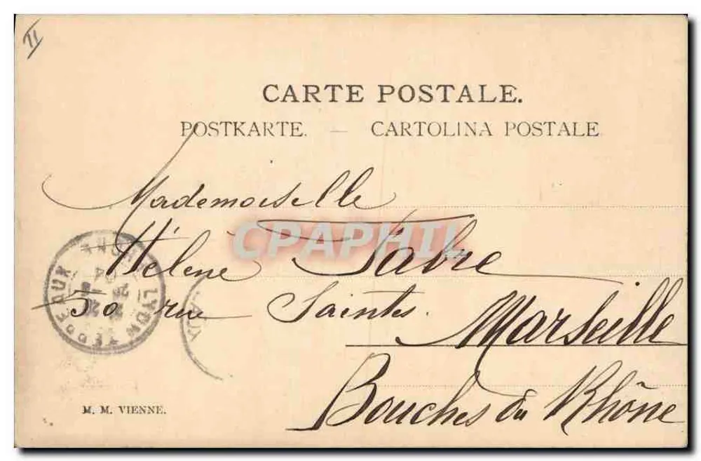 Junge Frau in einem geschmückten Hut — Lyon — Verlag M.M. Vienne, Nr. 50 - Rückseite
