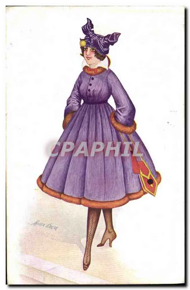 Frau in einem violetten Kleid — Modeillustration — Verlag: F. L. S. (F. L. S. Paris) — Serie Nr. 27 - Vorderseite